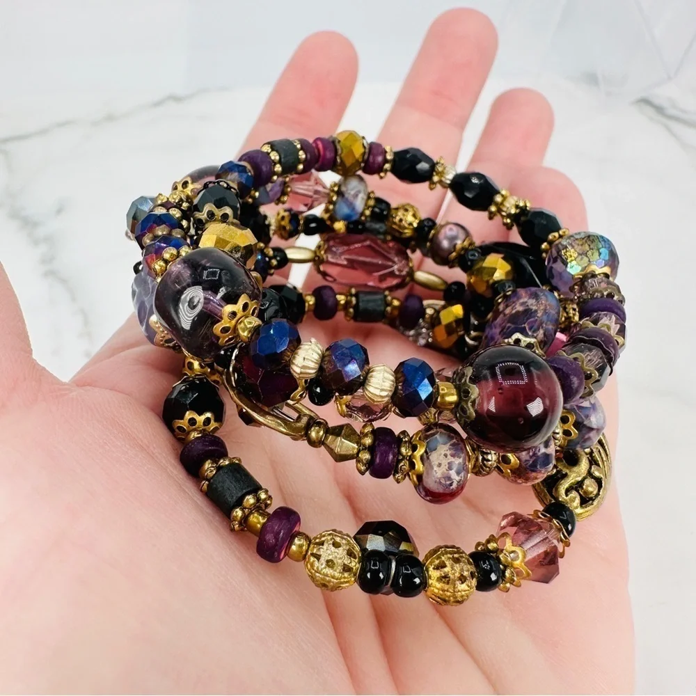 Glass & Stone Wrap Bracelet Faceted Aurora Borealis Beads Purple Black Gold Glam